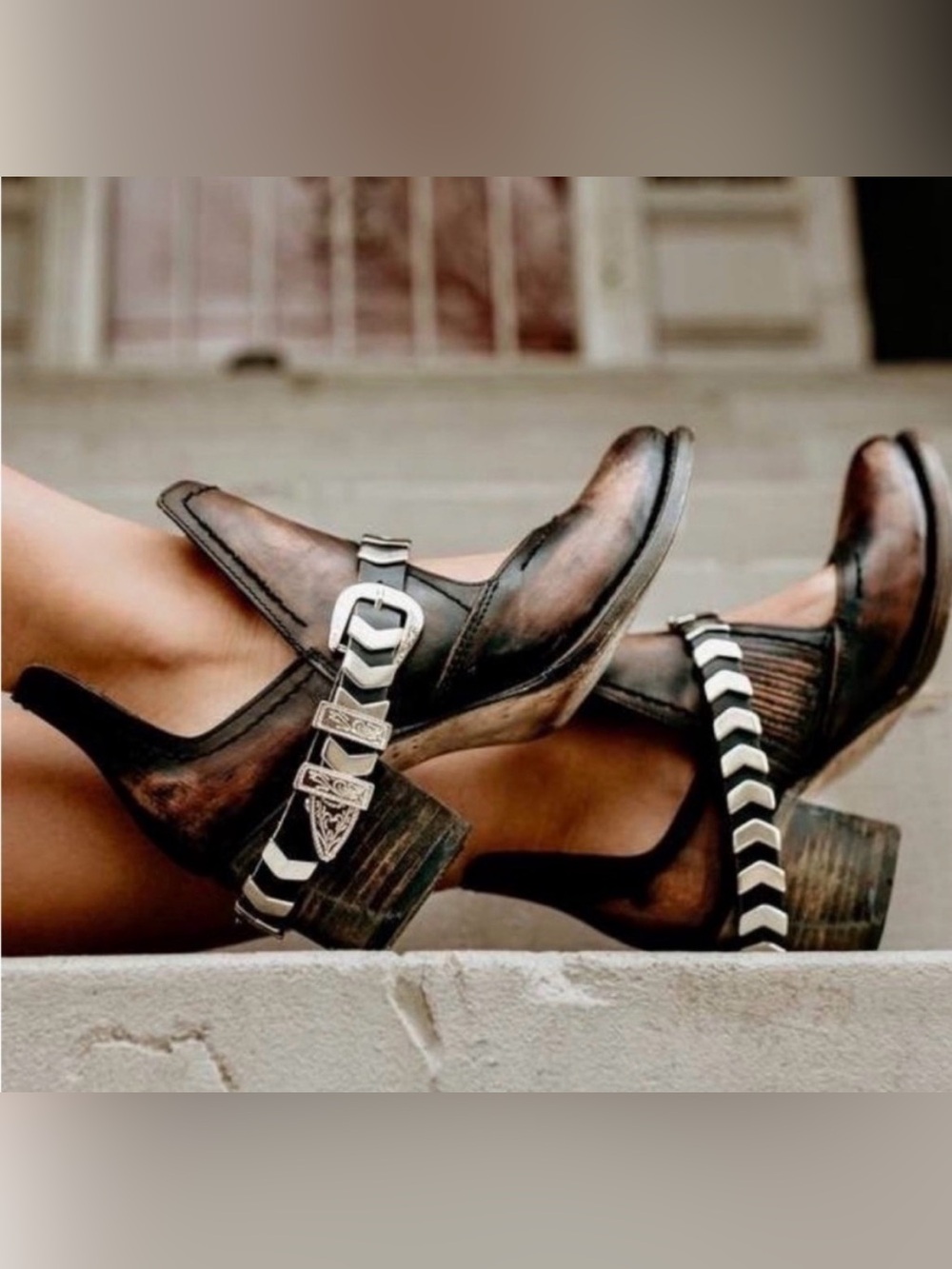 freebird Blade Black Leather Wooden Heeled Boots with Silver Buckle 8